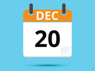20 December. Flat icon calendar isolated on blue background. Vector illustration.