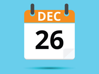 26 December. Flat icon calendar isolated on blue background. Vector illustration.