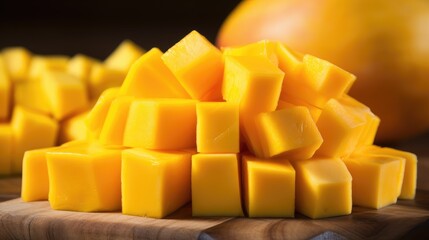 Fresh chopped mango cubes on wooden cutting board