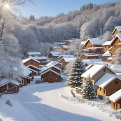 Winter landscape with houses. Town in the mountains in winter.  
Winter theme, Christmas theme. Generative AI.