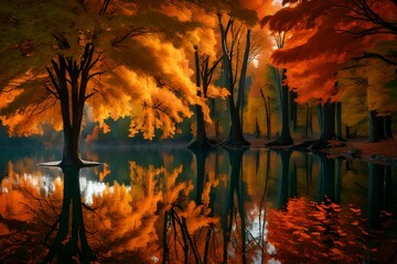 In the heart of autumn, a lake mirrors the fiery foliage of surrounding trees. The closeup captures the intricate details of leaves, both on trees and floating on the water's surface.  