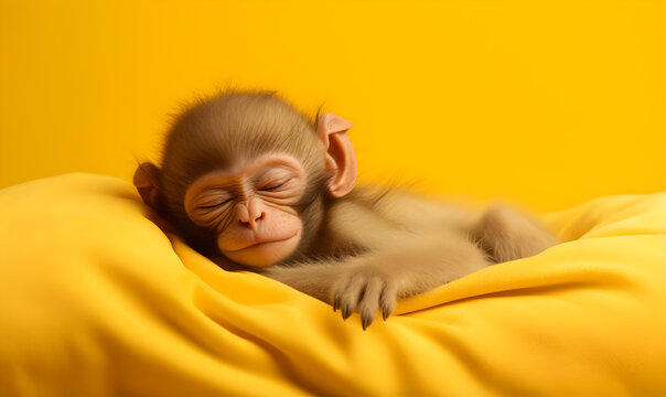 b&eacute;b&eacute; singe en train de dormir dans un lit, fond jaune