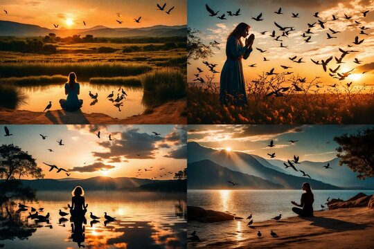 Woman praying and free the birds to nature on sunset background   