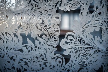The intricate patterns of frost etched onto a window, resembling delicate lacework.  