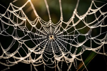 The intricate symmetry of a spider's web adorned with dew, glistening in the morning sun.  