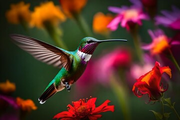 Fototapeta premium A hummingbird suspended in mid-air as it sips nectar from a brilliantly hued flower. 