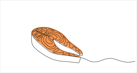 Fresh salmon fish in continuous line art drawing style. Salmon fish cutlets concept in doodle style on white background. Vector illustration