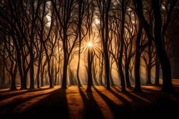 The interplay of light and shadow as the sun sets behind a silhouetted grove of trees.  