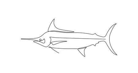 Fresh Marlin, Swordfish, Sailfish in continuous line art drawing style. Marlin, Swordfish, Sailfish fish concept in doodle style on white background. Vector illustration