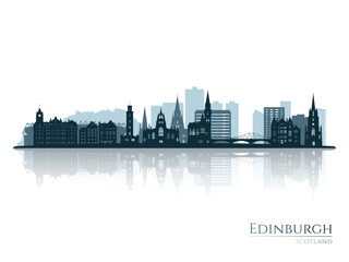 Edinburgh skyline silhouette with reflection. Landscape Edinburgh, Scotland. Vector illustration.