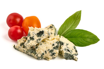 Roquefort style Blue Cheese, isolated on white background.