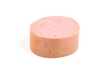 Cooked ham sausage, isolated on a white background.