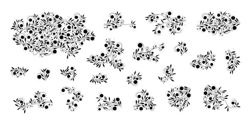 Silhouette branches pattern buds flowers. Plants decorative. Vector drawing. Collection of design elements.