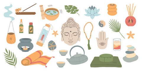 Big set of yoga items, for meditation, relax. Budha head, symbol eye hand, lotus, teapot, mat, beads, capet, aroma sticks. Flat vector illustration on white background.