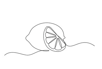 lemon fruit with cut lemon fruit in continuous line art drawing style. Orange fruit concept accompanied by lemon slices in doodle style on a white background. Vector illustration