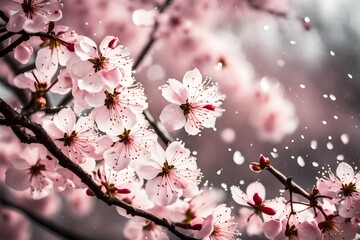 Obraz premium The delicate petals of a cherry blossom tree caught in a gentle breeze, creating a snowfall of pink. 