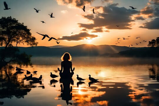 Woman praying and free the birds to nature on sunset background  