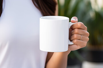 Girl holding a white blank cup, white cup mock up