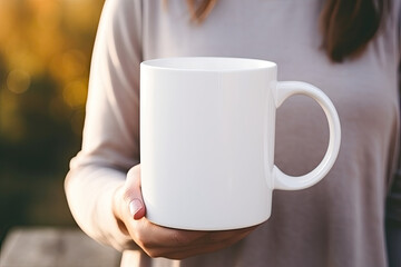 Girl holding a white blank cup, white cup mock up