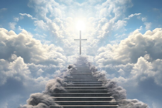 Steps in the sky leading to the Cross. Stairs in the sky. Beautiful Christian picture