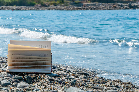 Libro aperto con pagine al vento in riva al mare