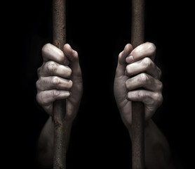 The prisoner's hands are holding on to the iron bars