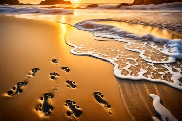 Obraz premium On a golden sandy beach, closeup footprints are gently erased by the incoming tide. The foamy embrace of the waves adds an element of movement and life to this tranquil coastal panorama. 