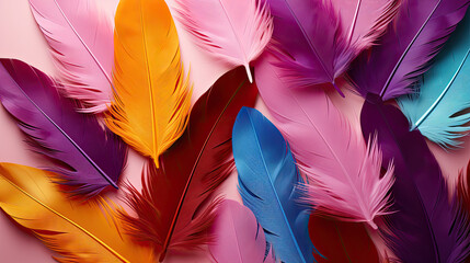 colourful feathers on pastel background