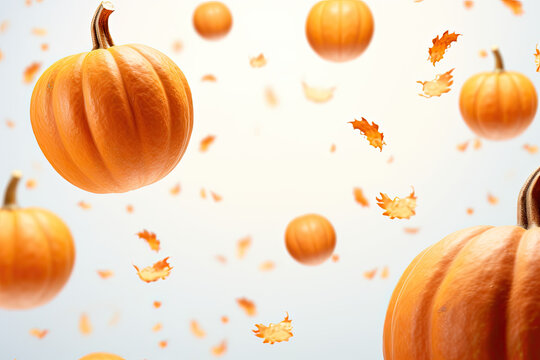  pumpkins flying  in the sky , autumn background 