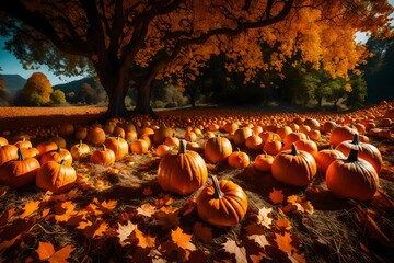 Autumn Halloween pumpkins. Orange pumpkins over nature background 