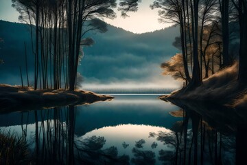 A serene lake nestled between rolling hills reflects the sky like a mirror. The ripples on the water's surface capture the tranquil surroundings – a moment frozen in time.  
