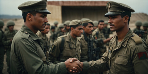 Soldiers shaking hands at a border checkpoint - obrazy, fototapety, plakaty