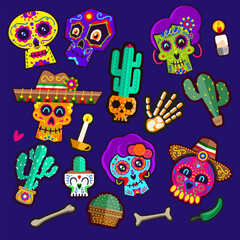 Day of the dead, Dia de los muertos. set of colorful Mexican decorations