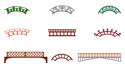 Set of 9 bridge icons for a city park and an oriental garden, elements of urban infrastructure, illustrations in a flat cartoon style.