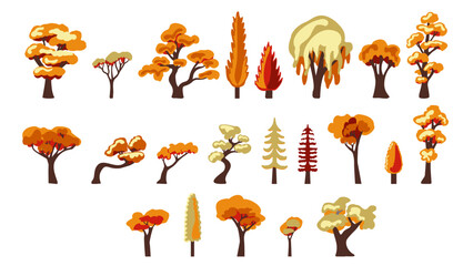Set of 22 autumn trees, elements of urban infrastructure, and city parks.