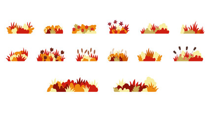 Set of 14 autumn grass and bushes icons, elements of urban park infrastructure, flat-style illustrations.