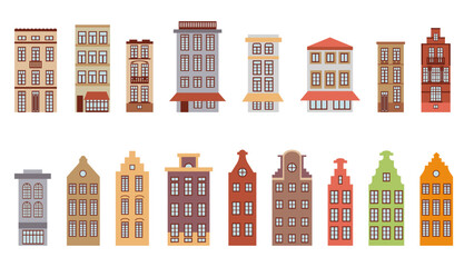 Set of 17 old houses in the historical center of the city, elements of urban infrastructure, illustrations in a flat style. Cute European houses.