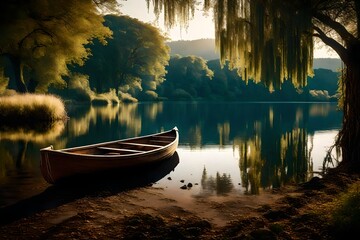 A tranquil lakeside scene with a solitary rowboat resting by the water's edge.  