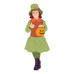 Happy girl in traditional Halloween costume trick or treat. Halloween holiday party children funny celebration in kindergarten or school. Vector illustration isolated on white background