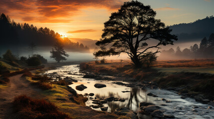 Fototapeta na wymiar Mystical Dawn: Fog-Enveloped Meadow with Trees and Bushes. Generative AI