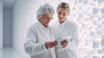 In a futuristic workplace, a senior female employee and a robot collaborate. Generative AI