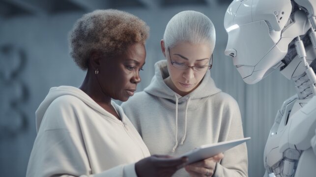 An Afro senior woman collaborates with a robot in a futuristic office setting. Generative AI