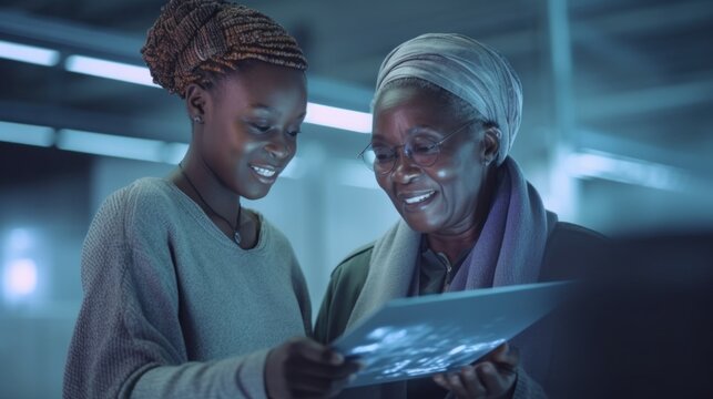 An Afro senior woman collaborates with a robot in a futuristic office setting. Generative AI