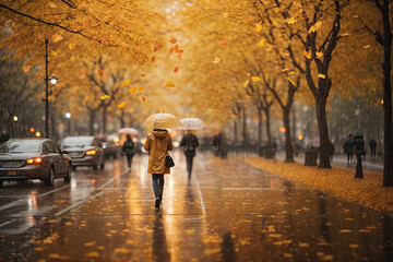 A motion blur cinematic scene autumn park with yellow leaves. ai generative