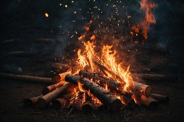 Campfire fire flames and sparkes near lake. ai generative
