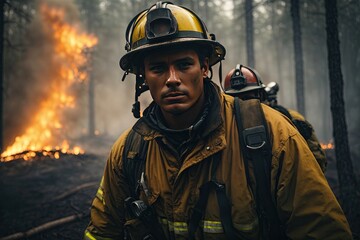 Naklejka premium Brave firefighter while putting out a forest fire. ai generative