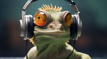 A lizard with headphones on  his head