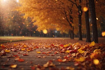 Horizontal autumn banner with 3D realistic colored leaves. ai generative