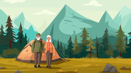 copy space, vector illustration, simple design, simple colors, old couple in the camp active seniors characters vector illustration/ Elderly people camping outdoors.