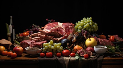 A meal of meat and vegetables is on a table
